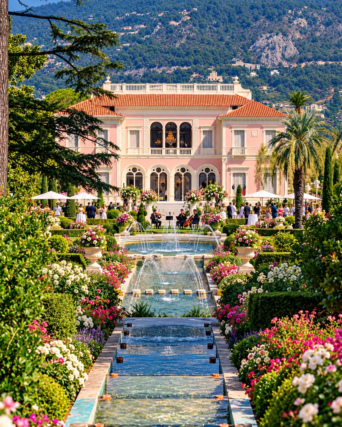 A string quartet playing on the terrace of a pink villa above a fountain garden